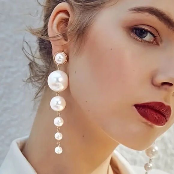 NEW Faux Pearl Decor Extra Long Dramatic, Glam, Luxury Drop Bridal Earrings - Picture 1 of 5